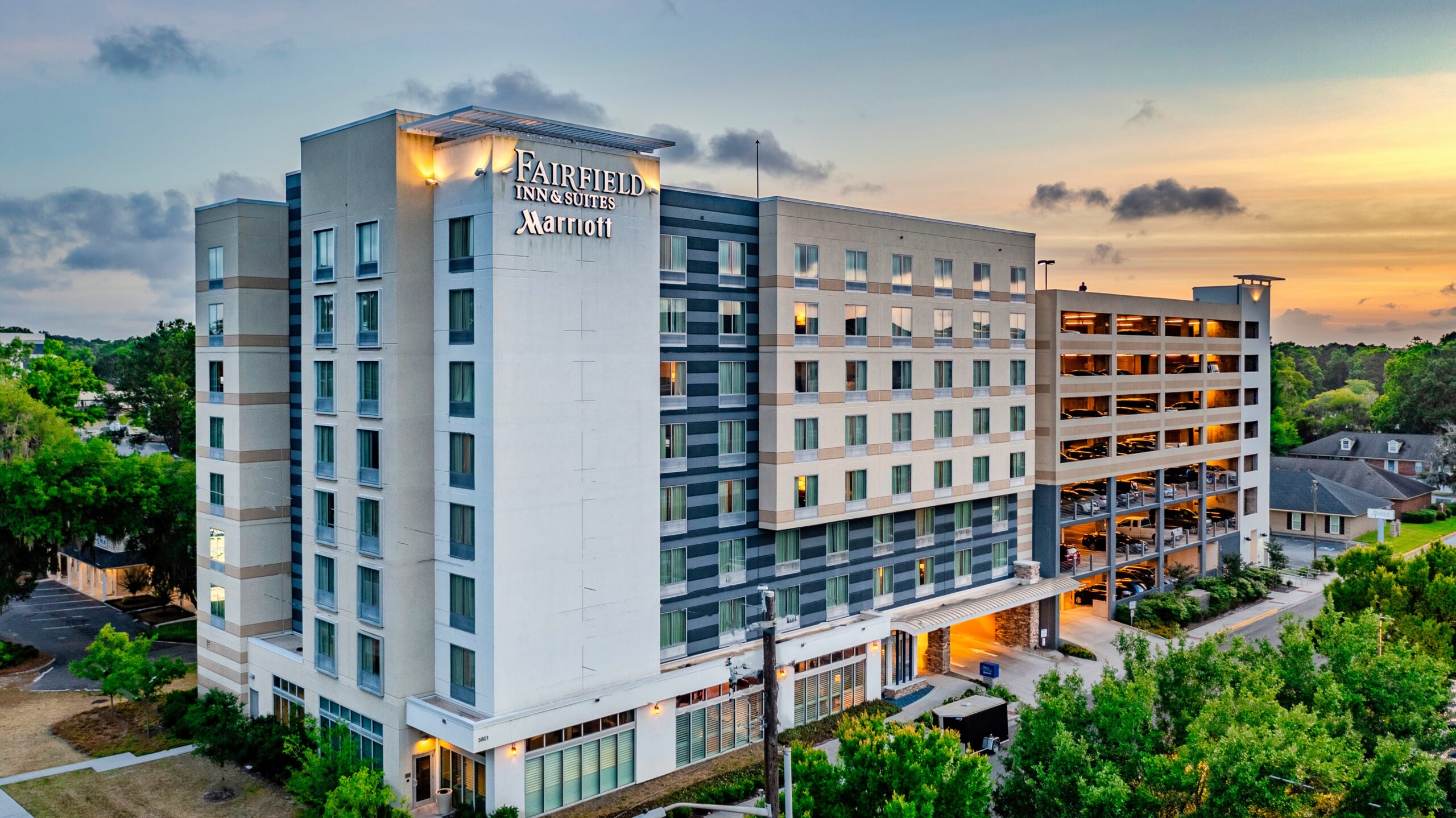 Exterior of hotel at sunset